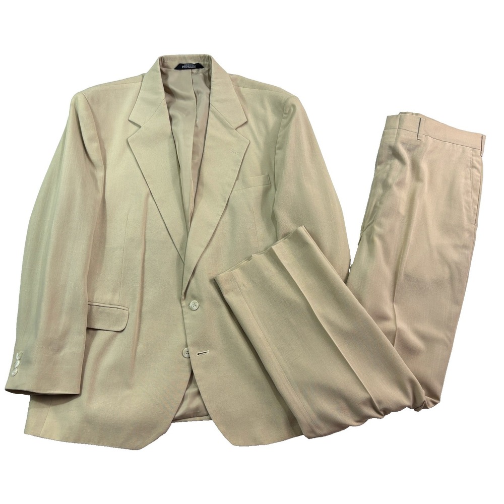 vtg‎ 90s Reed St James 44R 36x32 Tan Beige 2pc Pant Suit Slubbed Flat Front